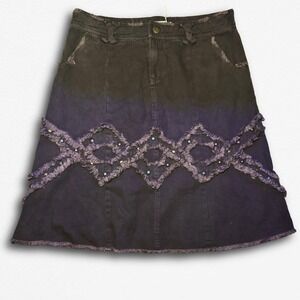 Distressed Brown 100% Cotton Denim Midi Skirt Studded Frayed Diamond Boho